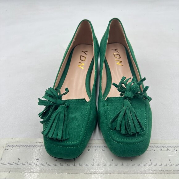 YDN Green Block Low Heel Loafer Square Toe Tassel Fringe Pump Slip On Dress Shoe - Picture 3 of 8